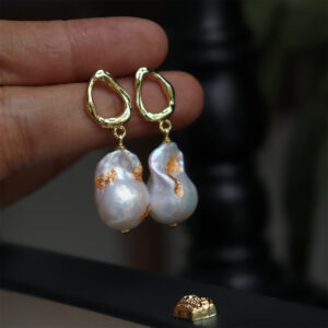 Elegant Baroque Pearl Drop Earrings featuring Gold Leaf