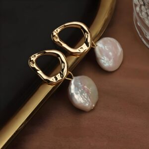 Pendientes colgantes de perla plana grande