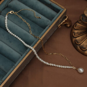 Asymmetrical Pearl Necklace with Gold Chain Accent