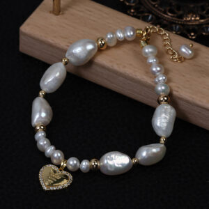 Big Baroque Pearl Bracelet with Gold Heart Charm