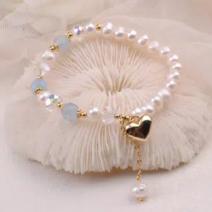Blue Sapphire and Pearl Bracelet with Gold Heart Charm