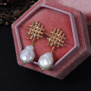 Textured Gold and Flat Freshwater Pearl Earrings