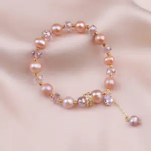 Pink Freshwater Pearl Bracelet with Purple Rhinestones