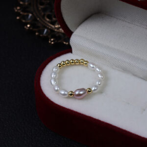 Purple Pearl Ring with White Rice Pearls and Gold Beads
