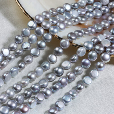 Perlas de agua dulce de botón de 8-9 mm teñidas de gris de alto brillo