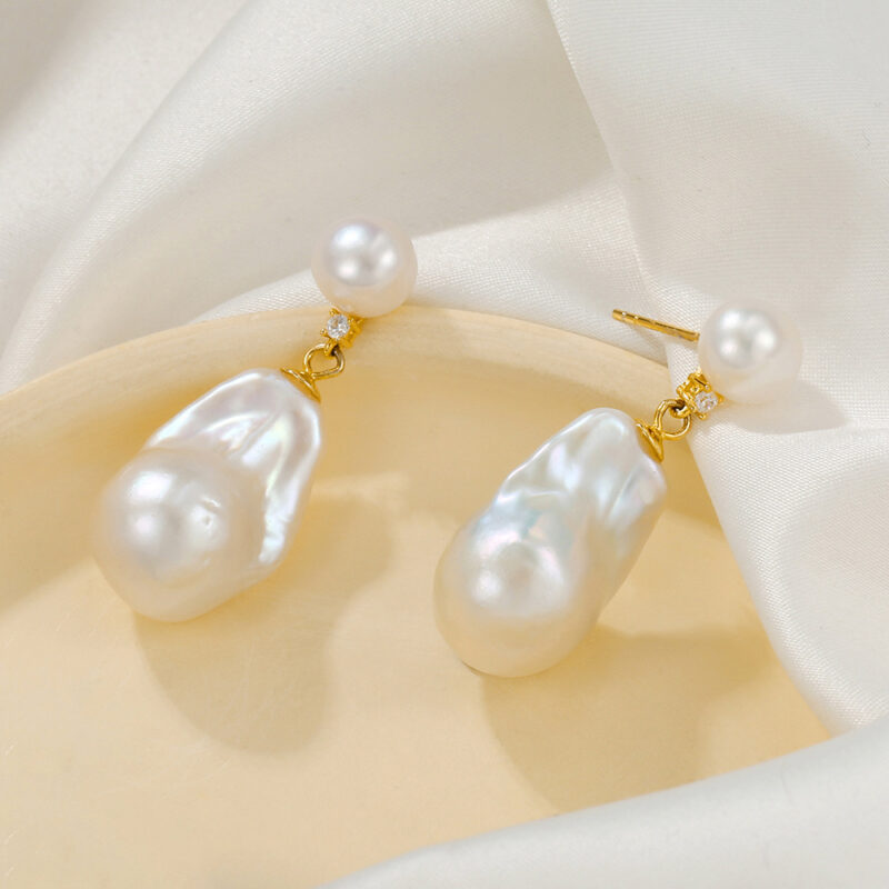 S925-14K-Gold-Süßwasserperle-Unregelmäßige-Ohrringe-Details