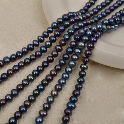 Perles d'eau douce presque rondes, vert paon naturel, 5-6 mm