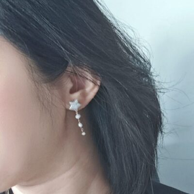 Pendientes de perla de agua dulce, estrella y luna hechos a mano en plata de ley 925