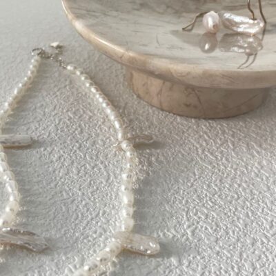 Collier en argent 925, dentelle, perles d'eau douce, Biwa, spectacle
