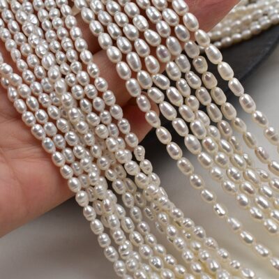 4-5mm White High-Luster Ridged Rice-Shaped Freshwater Pearls