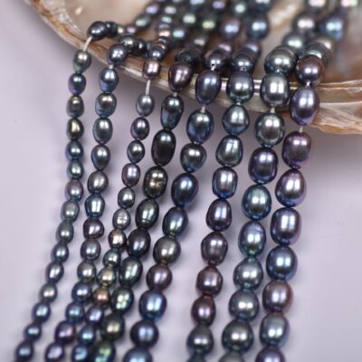 Perles de riz naturelles d'eau douce, vert paon et noir, de 4 à 9 mm