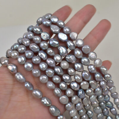 Cuentas de agua dulce naturales de doble brillo, color gris, de 8-9 mm, para collar DIY