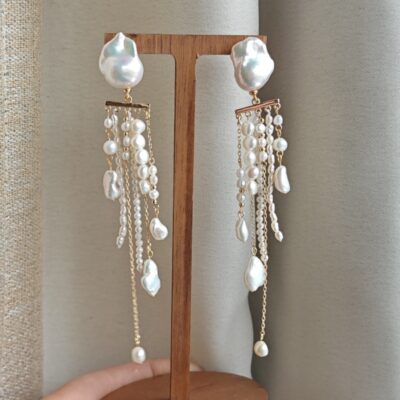 Boucles d'oreilles à pompons en perles d'eau douce, plaquées or, de style baroque