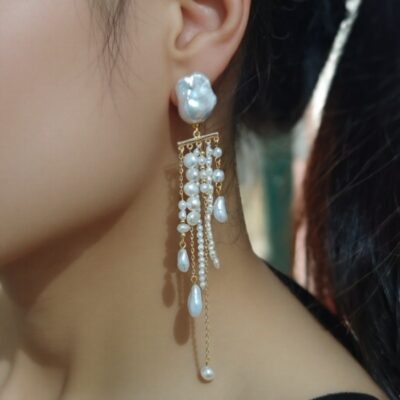 Boucles d'oreilles à pompons en perles d'eau douce, plaquées or, de style baroque