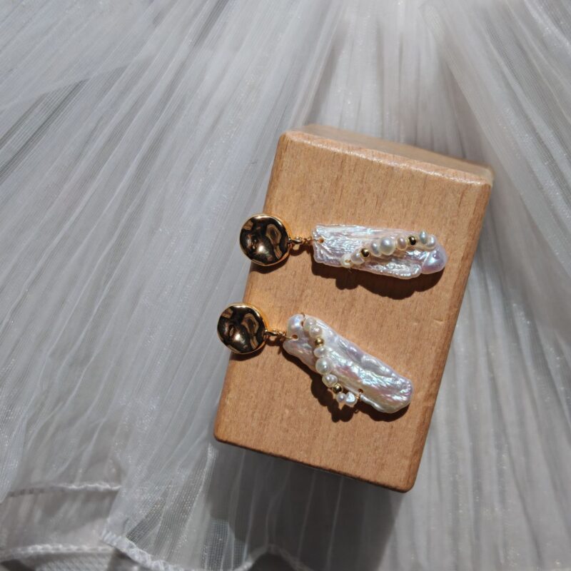 Hand-Wired-Biwa-Pearl-Textured-Gold-Dangle-Earrings-Over-Show