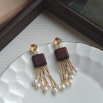 Pendientes de plata S925 con citrino, madera y borla de perlas