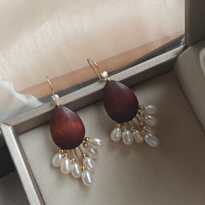 S925-Silver-Ebony-Wood-Pearl-Tassel-Earrings-Over-Details
