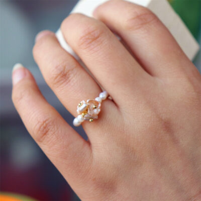 Freshwater-Pearl-Gold-Petal-Elastic-Rice-Ring