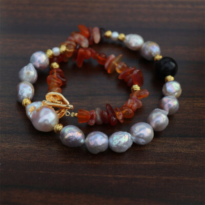 Natural-Baroque-Pearl-Red-Agate-Obsidian-Necklace