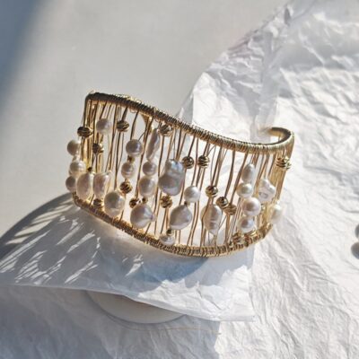 Natural-Freshwater-Pearl-Handmade-Gold-Cuff-Bracelet