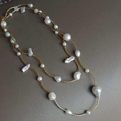 Bracelet-collier baroque en perles d'eau douce naturelles à plusieurs rangs